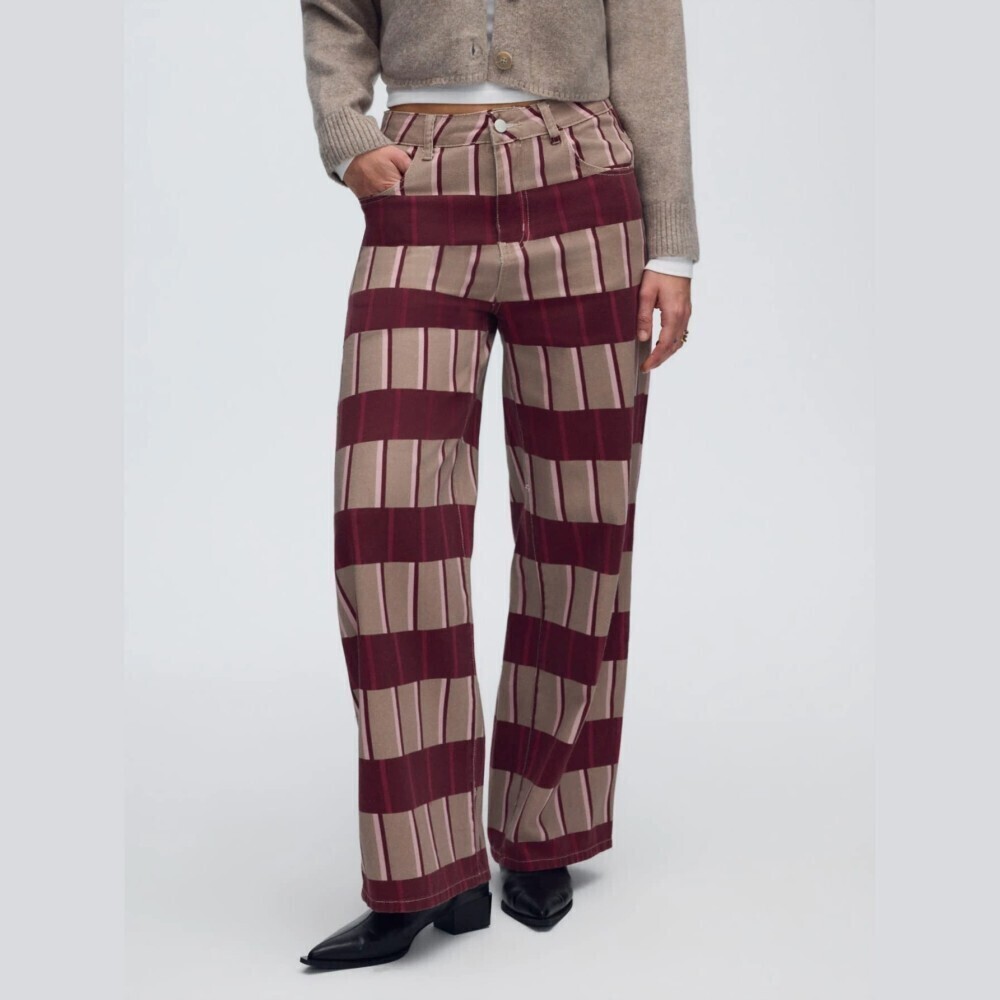 Tan / Burgundy Red Plaid Wide Leg Denim Jeans High Rise Long